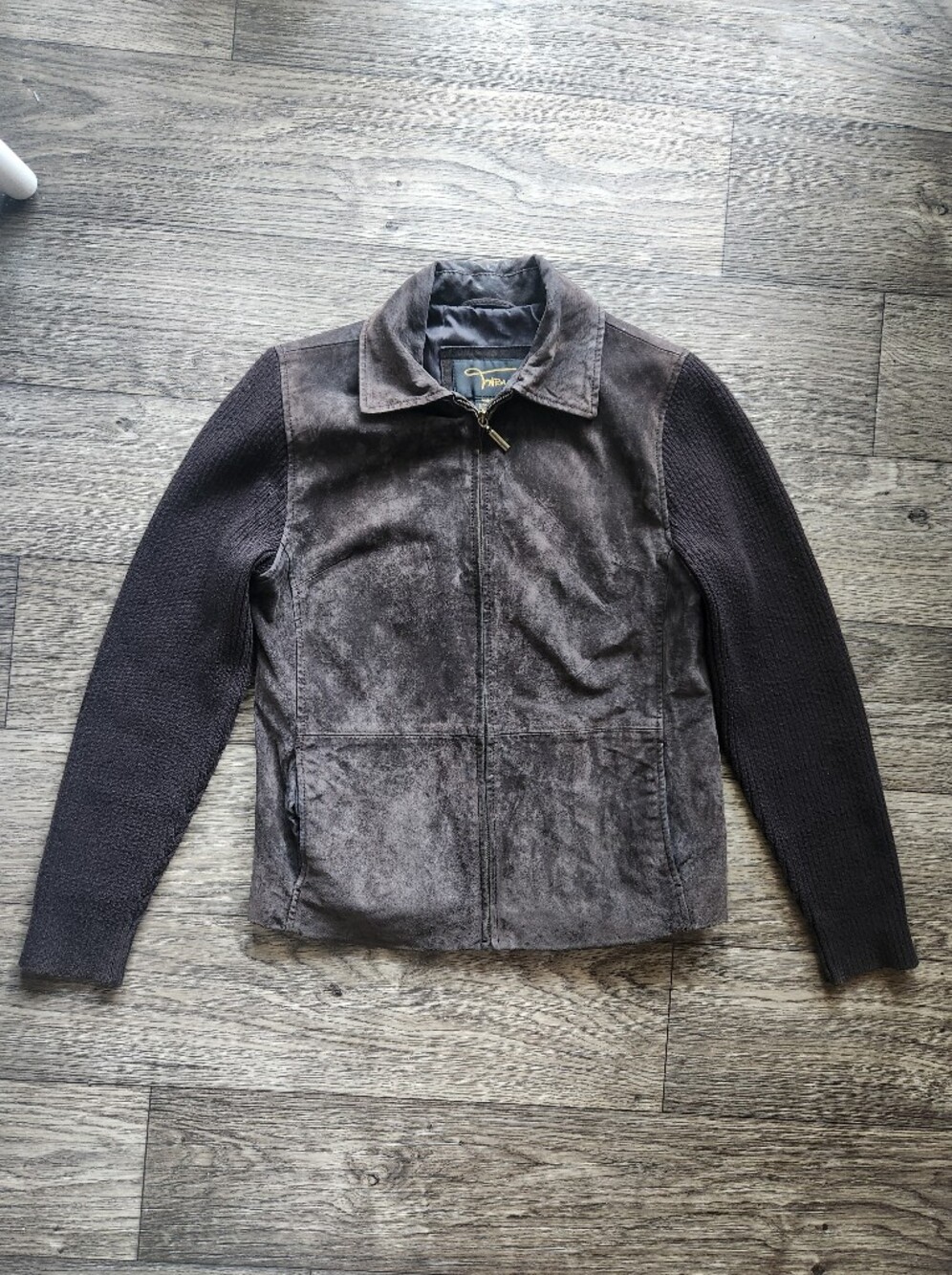 Vintage Fabio Brown Suede Ribbed Knit Sleeve Zip Jacket Size M